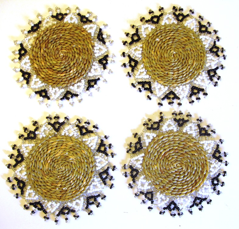 Ndebele Grass & Bead Coasters - Black & White - Set of 4